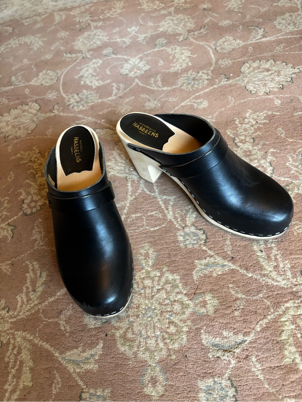 Swedish Hasbeens Black Leather Wood-Soled Mules